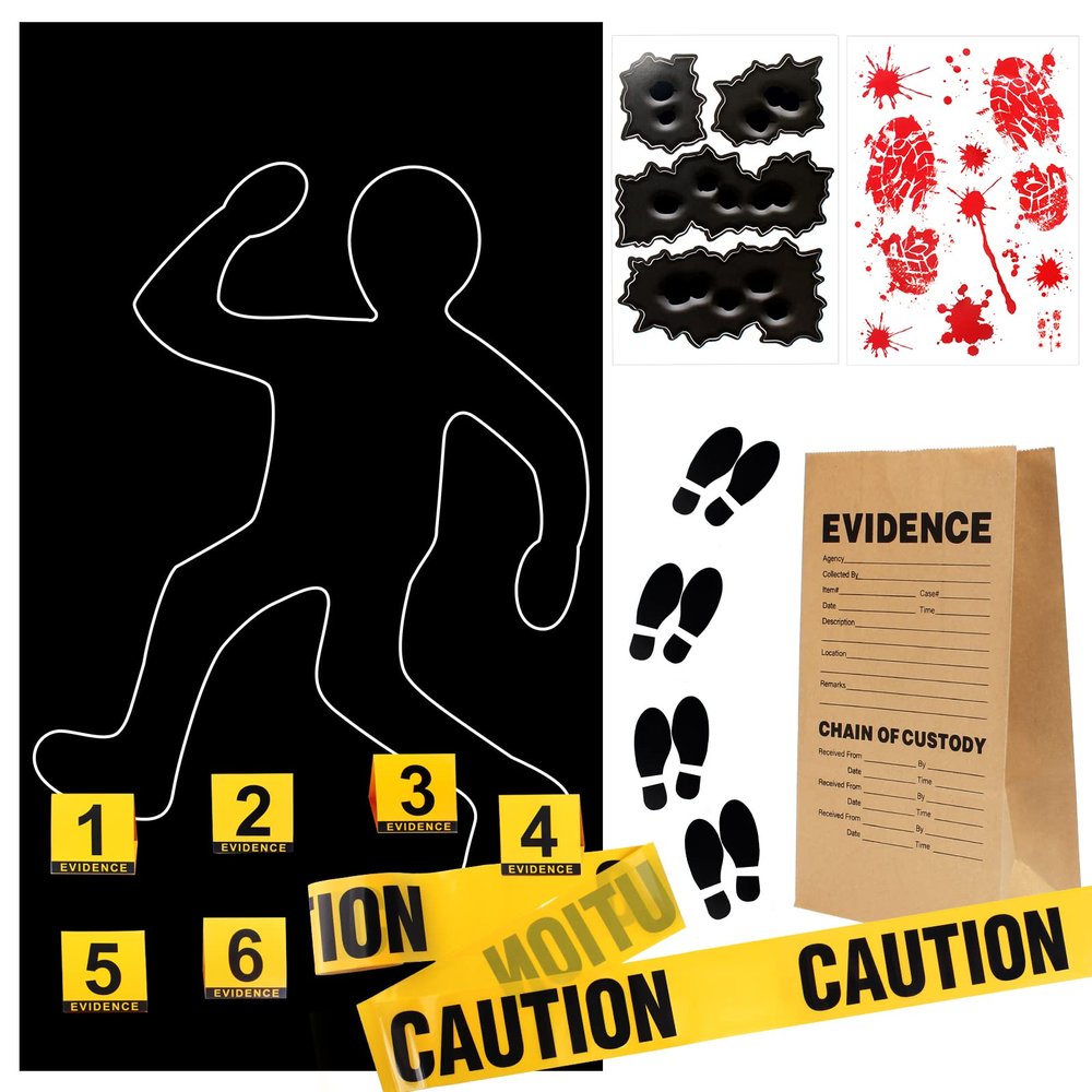 Keymall 15 Pcs Crime Scene Decoration Includes Body Silhouette Caution Tape Evidence Marker Bag Footprint Bullet Hole Stickers For Halloween CSI Theme Murder Mystery Dinner Party Room Decor