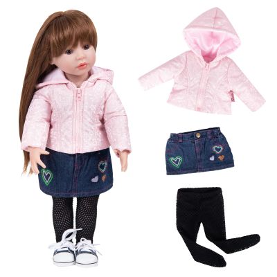 Rakki Dolli Doll Clothes 3 Pc. Set Pink Hooded Coat with Navy Blue Denim Skirt & Black Knitted One-Piece Pantyhose, Warm Hoodie Snowsuit Fits for 18" Dolls (Doll & Shoes not Included) 015
