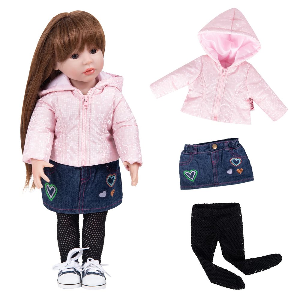Rakki Dolli Doll Clothes 3 Pc. Set Pink Hooded Coat with Navy Blue Denim Skirt & Black Knitted One-Piece Pantyhose, Warm Hoodie Snowsuit Fits for 18" Dolls (Doll & Shoes not Included) 015