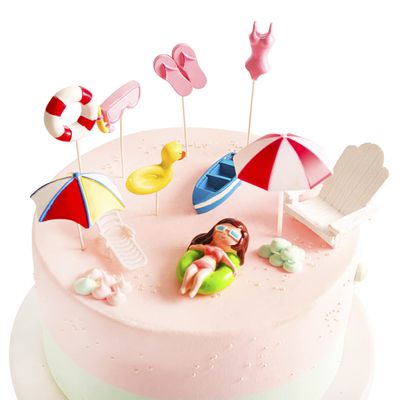 11 Pcs Swimming Pool Cake Decoration - Hawaiian Beach Chair Umbrella Cake Toppers for Summer Birthday Party Supplies, Pink