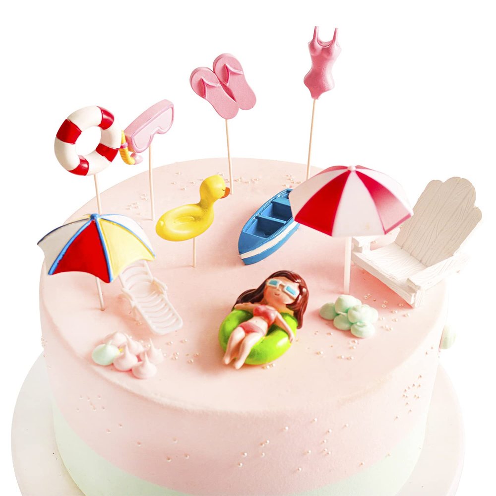 11 Pcs Swimming Pool Cake Decoration - Hawaiian Beach Chair Umbrella Cake Toppers for Summer Birthday Party Supplies, Pink