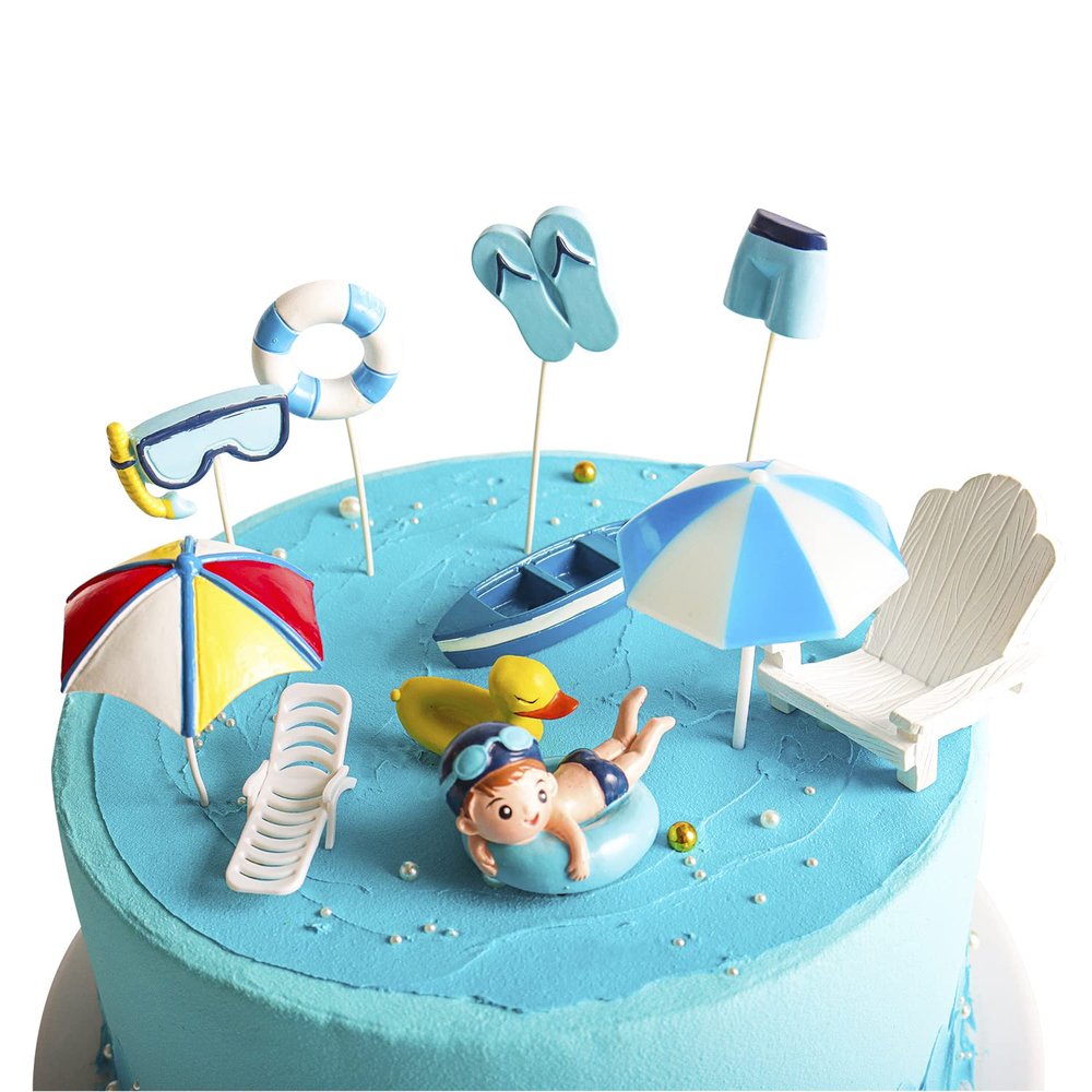 11 Pcs Swimming Pool Cake Decoration - Hawaiian Beach Chair Umbrella Cake Toppers for Summer Birthday Party Supplies, Blue