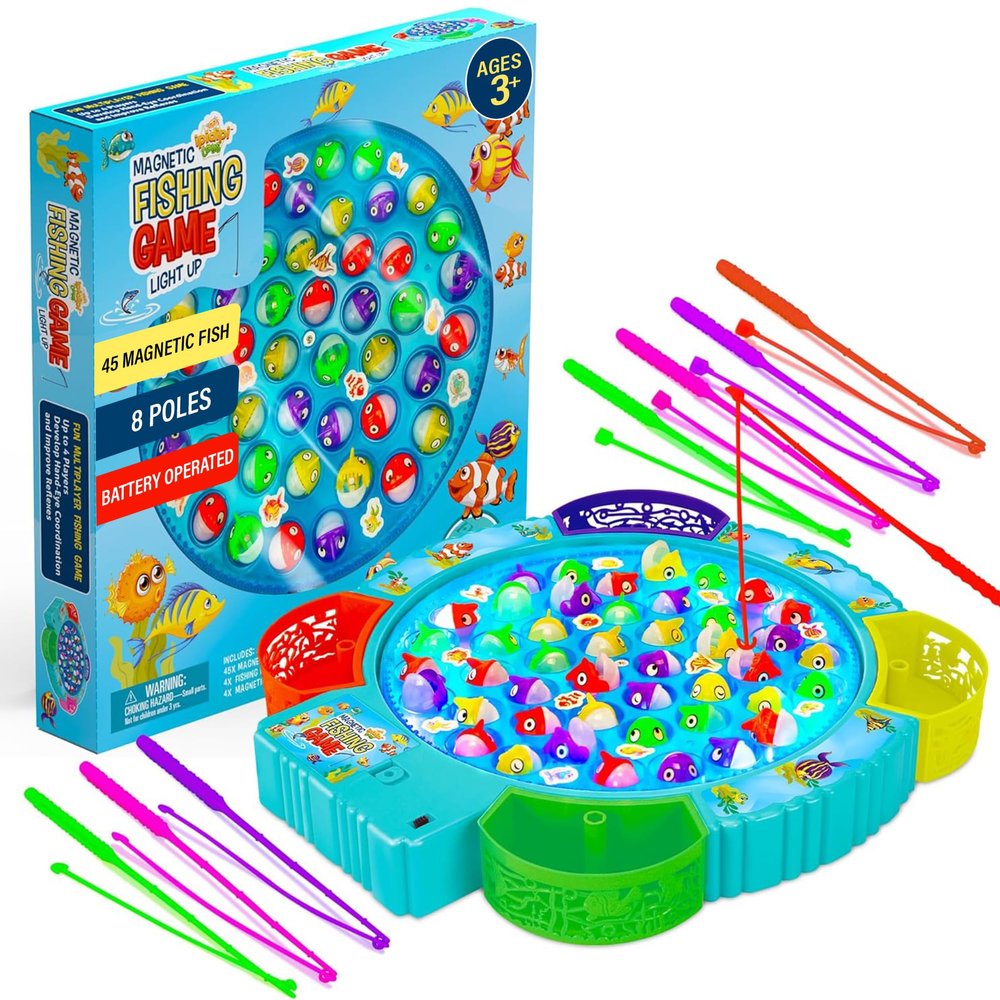 IPIDIPI TOYS Fishing Game for Kids, 45 Fish and 8 Poles - Magnetic Fish Toy with Rotating Board & Music - Motor Skill Activity for Toddlers, Boys & Girls 3+ - Party Favors Stocking Stuffers for Kids