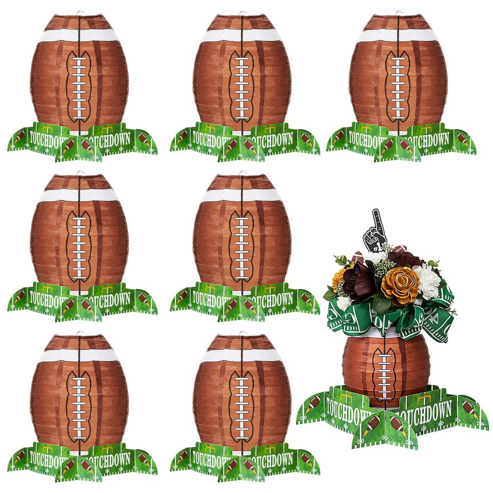 Mudder 8 Pcs Football Paper Lantern Sports Fan Party Decor Table Centerpiece Decoration Set Soccerball Game Lantern with Stand Pieces for Game Day Tailgates Stadium Party Supply,12 Inches (Brown)
