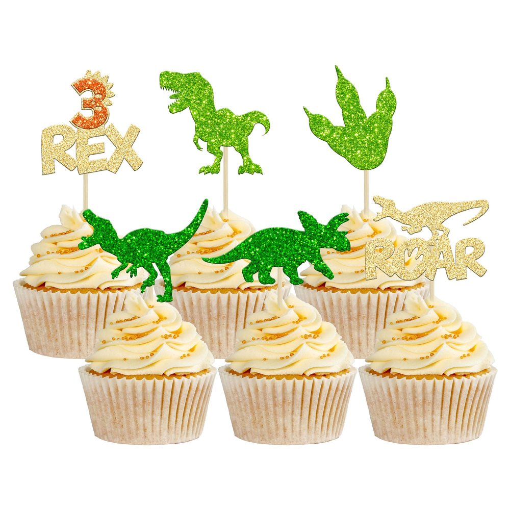 Gyufise 24Pcs Dinosaur Cupcake Toppers Glitter 3 Rex Roar Dinosaur Cupcake Picks Three Years Old Dino Theme Baby Shower Third Birthday Party Cake Decorations Supplies Gold