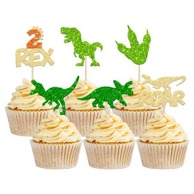 Gyufise 24Pcs Dinosaur Cupcake Toppers Glitter 2 Rex Roar Dinosaur Cupcake Picks Two Years Old Dino Theme Baby Shower Second Birthday Party Cake Decorations Supplies Gold
