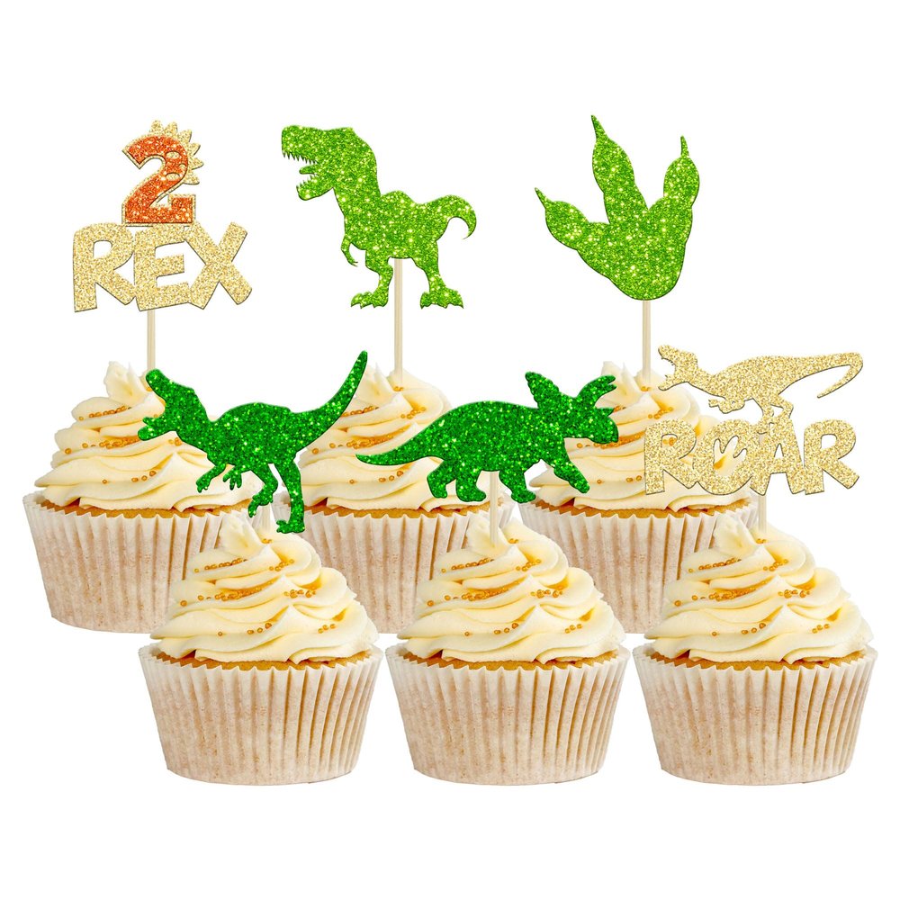 Gyufise 24Pcs Dinosaur Cupcake Toppers Glitter 2 Rex Roar Dinosaur Cupcake Picks Two Years Old Dino Theme Baby Shower Second Birthday Party Cake Decorations Supplies Gold