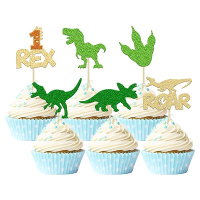 Gyufise 24Pcs Dinosaur 1st Birthday Cupcake Toppers Glitter 1 Rex Roar First Birthday Dinosaur Cupcake Picks Dino Theme Baby Shower 1st Birthday Party Cake Decorations Supplies Gold
