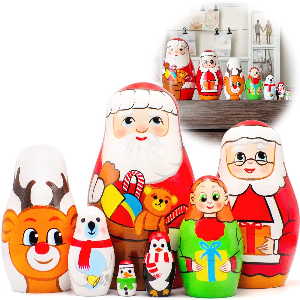 AEVVV Christmas Nesting Dolls Set 7 pcs - Santa Claus Figurines - Matryoshka Doll with Christmas Decorations Room Decor