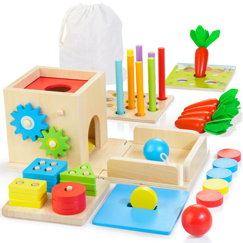 Kizfarm Wooden Montessori Baby Toys, 8-in-1 Wooden Play Kit Includes Object Permanent Box, Coin Box, Carrot Harvest, Shape Sorting & Stacking - Birthday Gift for Boys Girls Toddlers