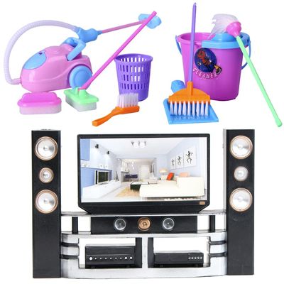E-TING Miniature Dollhouse Cleaning Tools Set+ Hi-Fi TV Cabinet Set for 7-11.5 inch Dolls Accessories, Multicolored