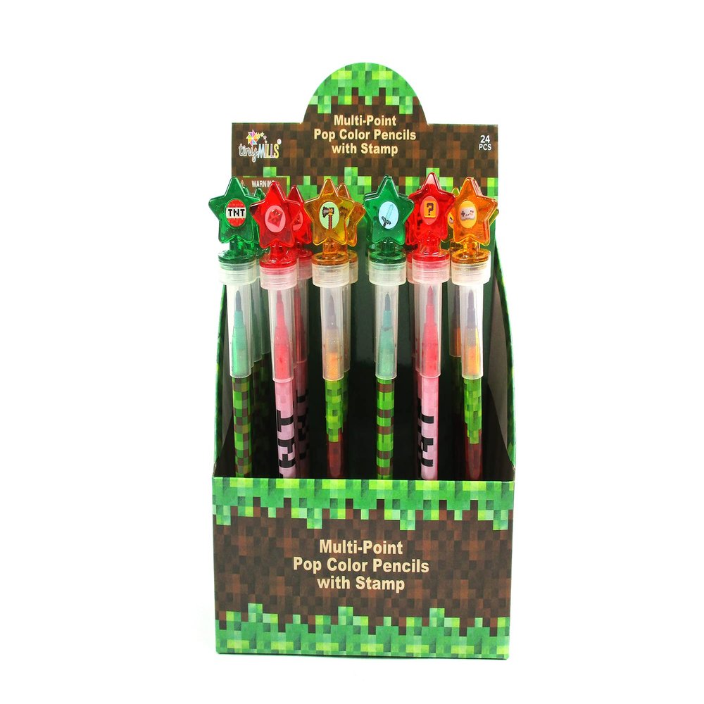 TINYMILLS 24 Pcs Pixel Miner 2 in 1 Stackable Crayons with Stamper Toppers  Multi-Point Stacking Crayon Pencils, Kids Party Favors, Classroom Rewards, Goody Bag Stuffers, Prizes