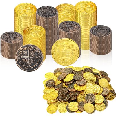 Charniol 200 Pcs Pirate Coins Plastic Treasure Coins Pirate Treasure Hunt Coins Fake Coins Decorations for Play Favor Party Supplies Halloween Birthday Pirate Party Treasure Game (Bronze, Gold)