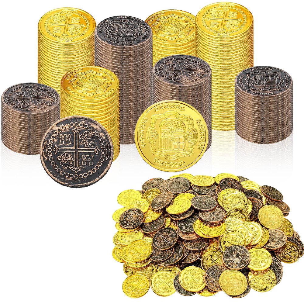 Charniol 200 Pcs Pirate Coins Plastic Treasure Coins Pirate Treasure Hunt Coins Fake Coins Decorations for Play Favor Party Supplies Halloween Birthday Pirate Party Treasure Game (Bronze, Gold)