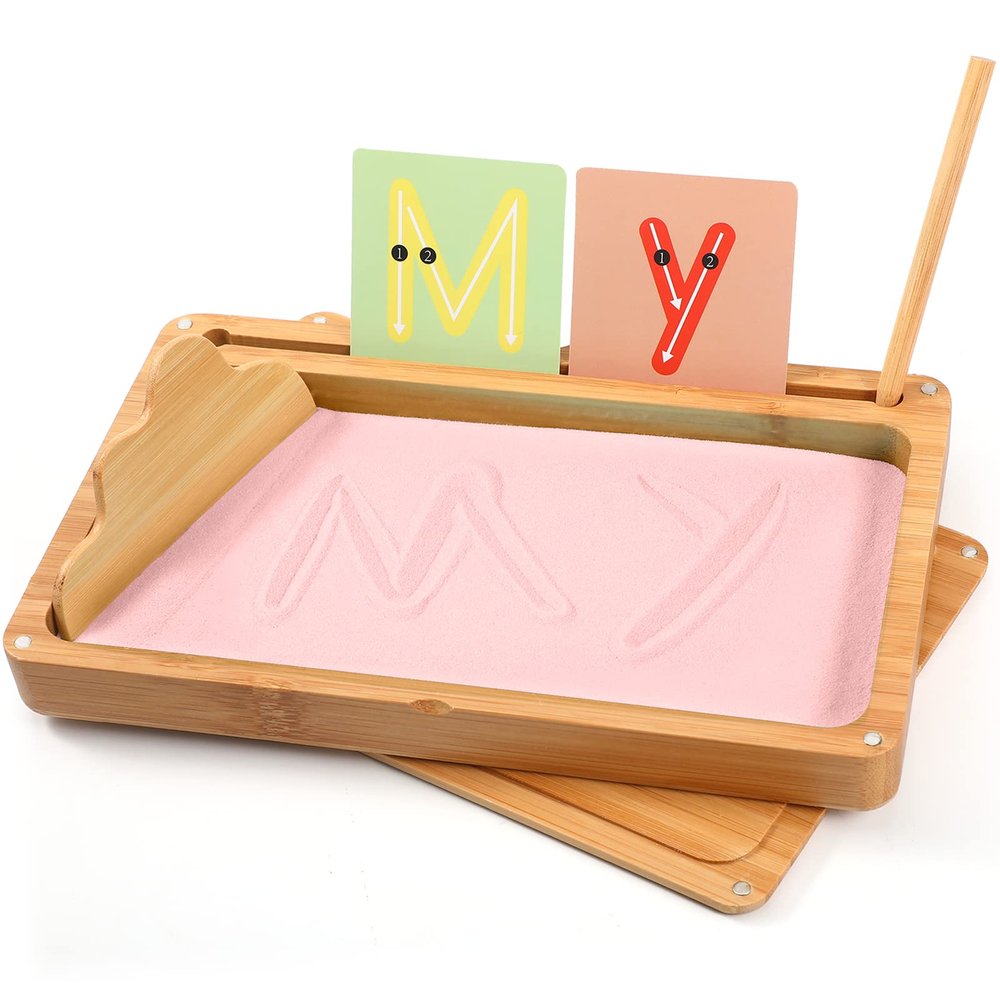 AtMini Montessori Sand Tray with Lid - Wooden Sand Trays for Kids Writing Letters and Numbers, Preschool Classroom Must Haves, Kindergarten Learning Tools (Pink)