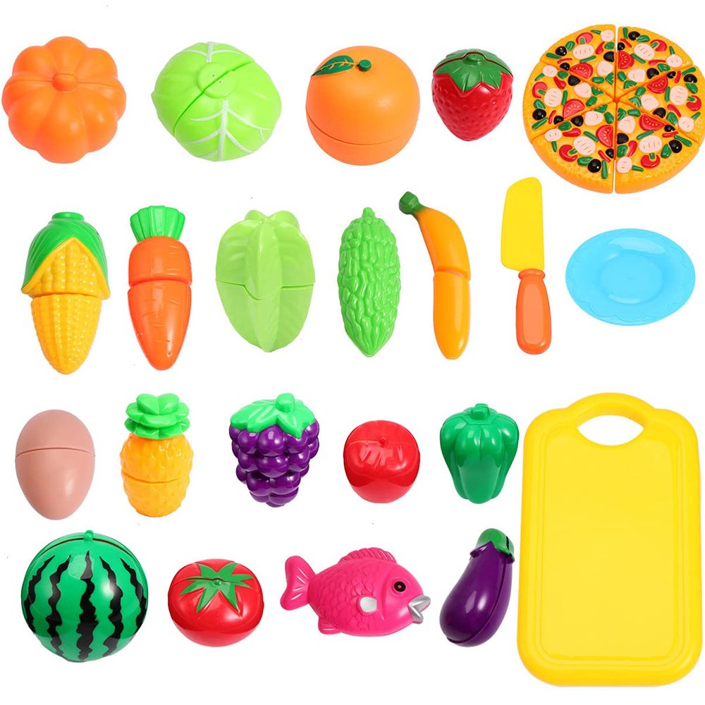 1set Mini Vegetable and Fruit Cutting Set with Orange Mesh Bag for Pretend Play Develops Creativity and Hand-Eye Coordination Food Toy for Boys and Girls