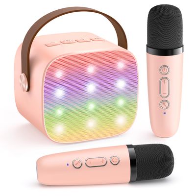 YLL Karaoke Machine for Kids Adults, Bluetooth Mini Speaker with 2 Wireless Microphones, Birthday Valentine's Gifts Toys for Girls Ages 3, 4, 5, 6, 7, 8, 9, 10, 12+ Years Old Toddler Family (P-Ink)