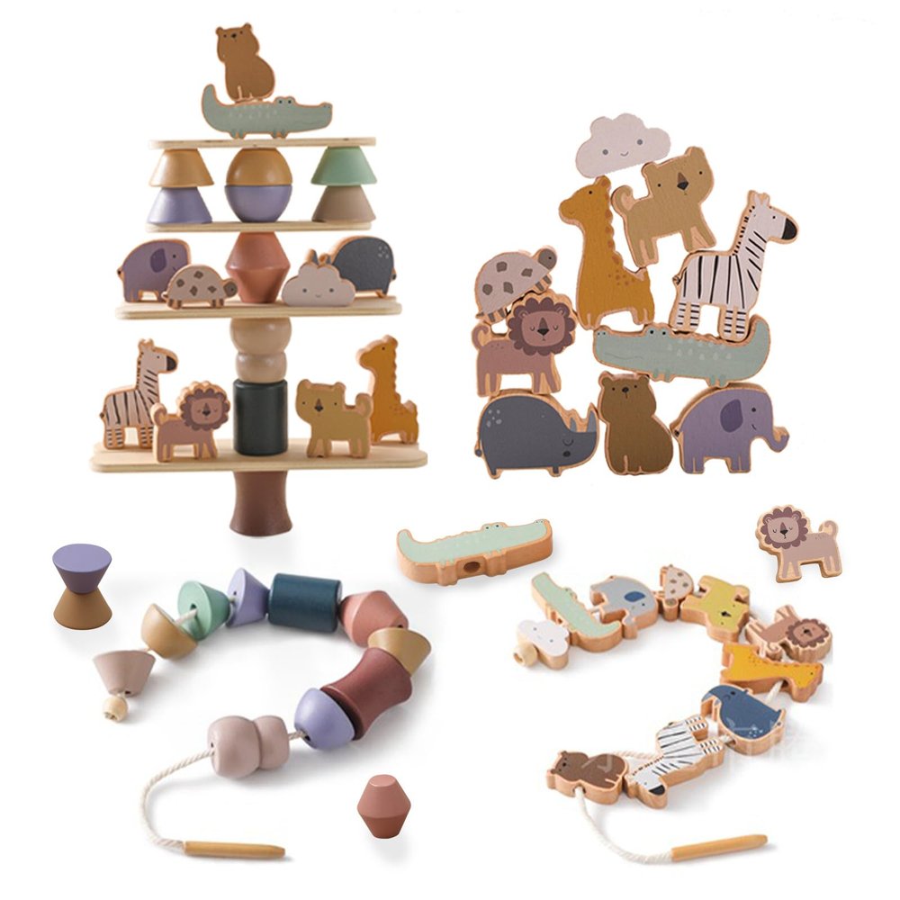 Smartwo Wooden Animals Threading Toys Lacing Beads for Toddlers 3 4 5 Years Old, Stacking Blocks Balance Toy, Educational Preschool Learning Toy, Montessori Activities for Boys & Girls