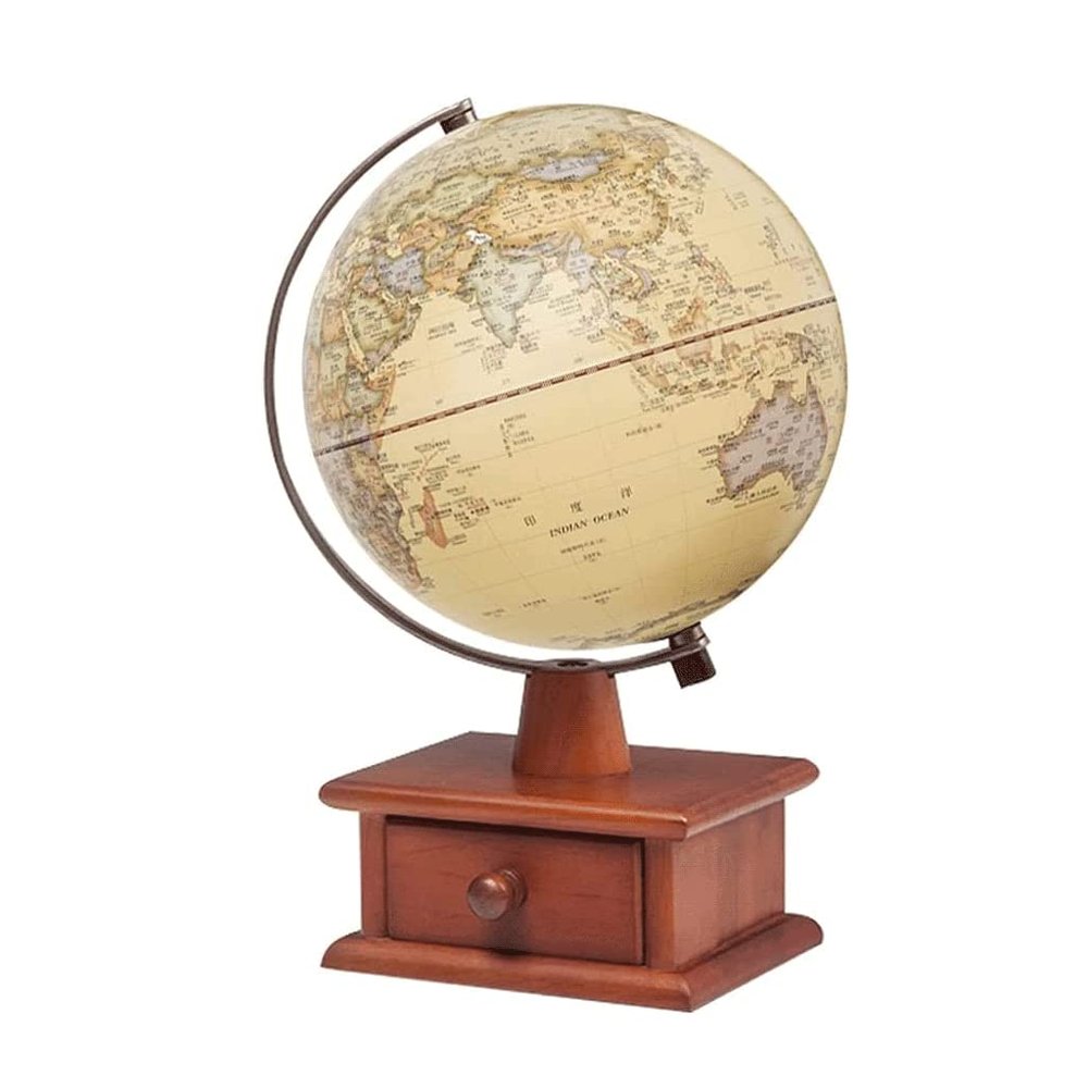 Classic Elegant Led Illuminated World Globe With Wooden Drawer Stand Raised Embossed Vintage World Globe 20cm / 7.8"