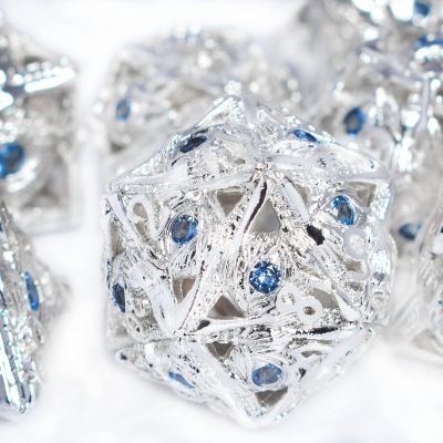 RULE DICE Metal DND Dice Set, 7pcs Hollow Jeweled Eyes Metal D&D Dice Set, 70 Natural Gemstones Hand-Set, Collector's Grade DND Dice, Suitable for Role Playing Game D&D Dice (Silver and Sapphire)