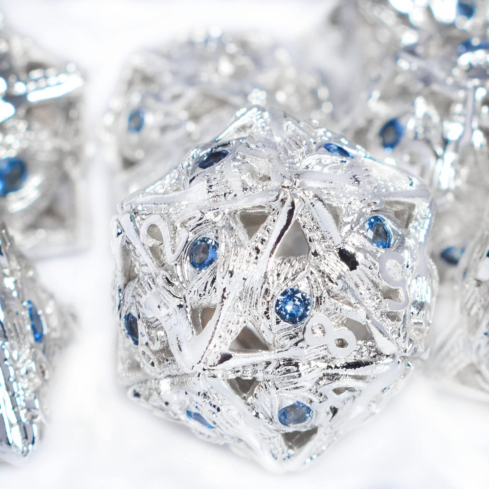 RULE DICE Metal DND Dice Set, 7pcs Hollow Jeweled Eyes Metal D&D Dice Set, 70 Natural Gemstones Hand-Set, Collector's Grade DND Dice, Suitable for Role Playing Game D&D Dice (Silver and Sapphire)