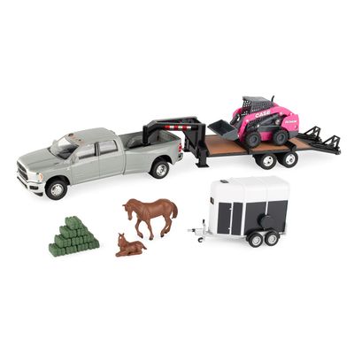 ERTL 1/32 CASE SV340B Skid Steer on Flatbed Trailer with RAM Pickup & Accessories