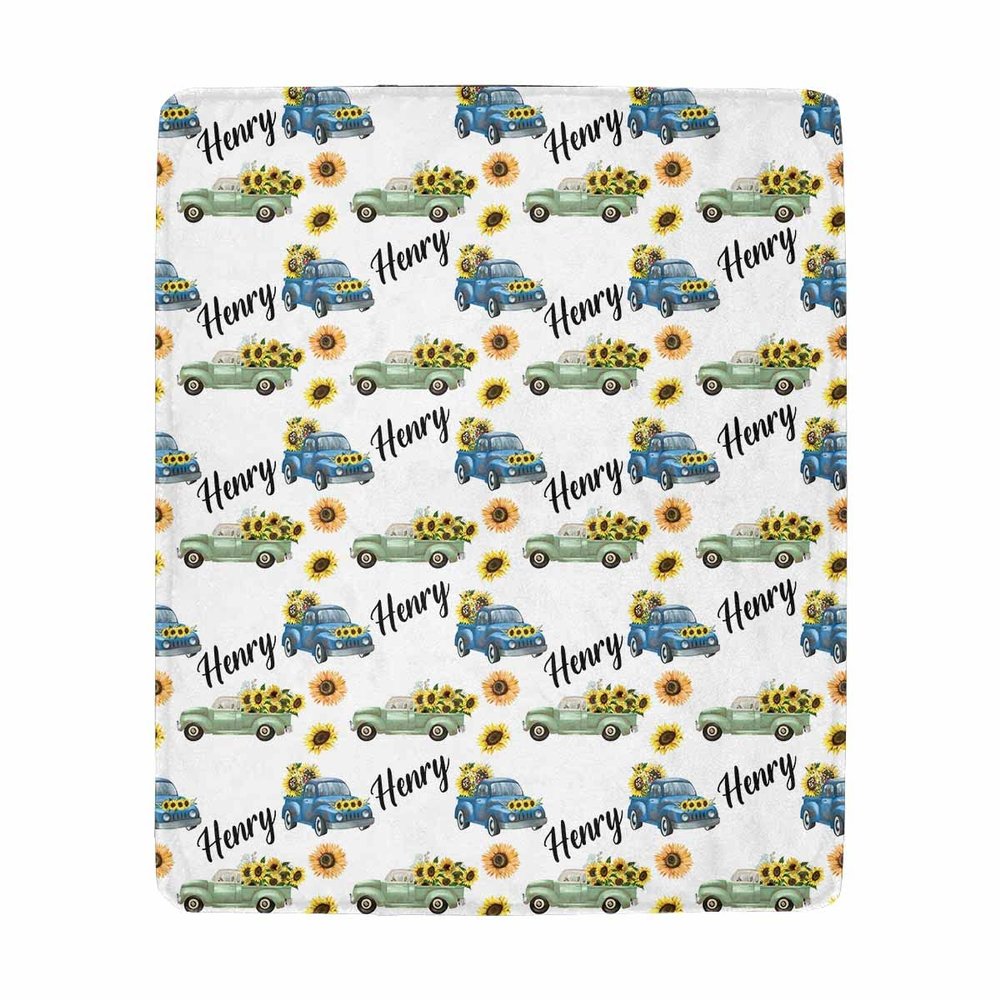 Artsadd Custom Name Blankets with Transportation Design, Cars Sunflower Kids Throw Blanket for Girls Boys Children, Toddler Bedding Nursery Blanket for Couch Sofa Baby Shower Birthday Gifts 50"x60"