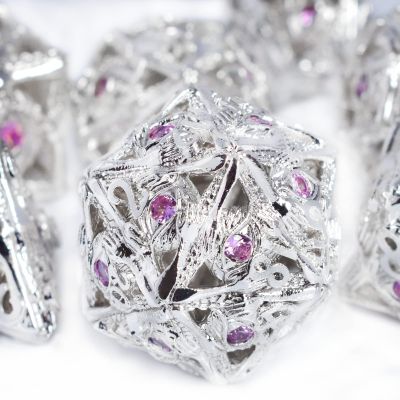 RULE DICE Metal DND Dice Set, 7pcs Hollow Jeweled Eyes Metal Dice Set, 70 Natural Gemstones Hand-Set, Collector's Grade DND Dice, Suitable for Role Playing Game D&D Dice (Silver and Pink Gemstone)