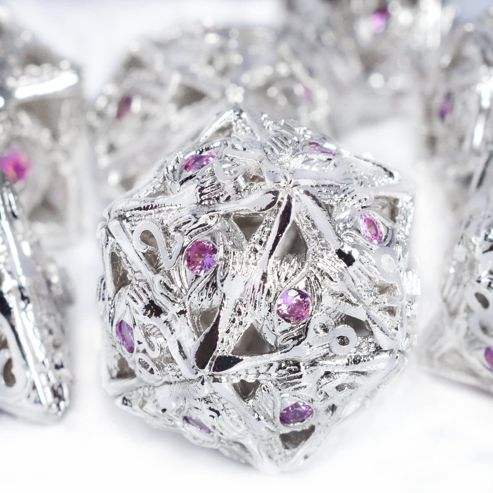 RULE DICE Metal DND Dice Set, 7pcs Hollow Jeweled Eyes Metal Dice Set, 70 Natural Gemstones Hand-Set, Collector's Grade DND Dice, Suitable for Role Playing Game D&D Dice (Silver and Pink Gemstone)