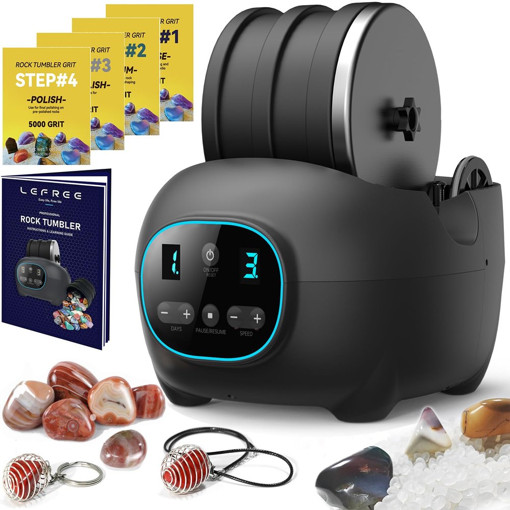 Lefree store Rock Tumbler Kit for Adults Kids, Professional Rock Polisher with 3LB Leak Proof Rubber Barrel, Includes 1 LB Rough Rocks,4 Rock Tumbler Grits etc,STEM Christmas for Kids