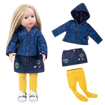 Rakki Dolli Doll Clothes 3 Pc. Set Navy Blue Hooded Coat with Denim Skirt & Mustard Yellow Knitted One-Piece Pantyhose, Warm Hoodie Snowsuit Fits for 18" Dolls (Doll & Shoes not Included) 017