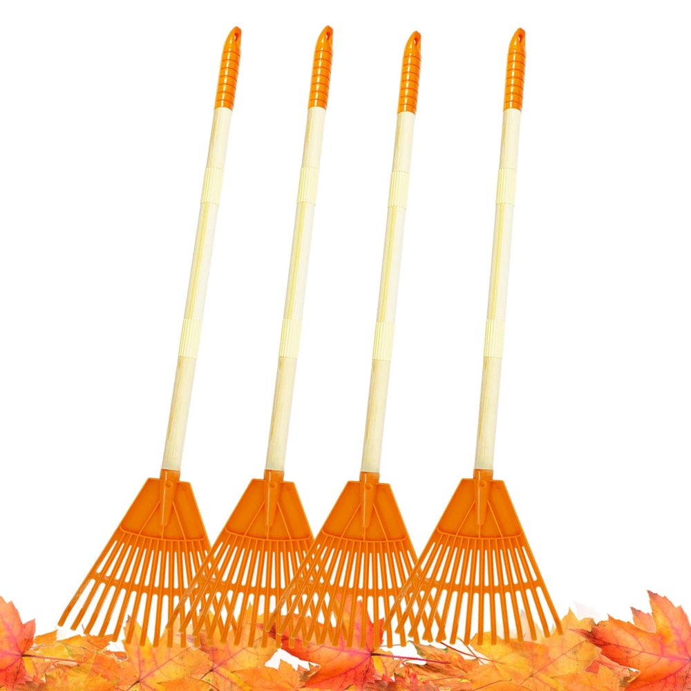 CHEERBANK 4Pcs Kid Rakes, 31" Child Size Plastic Lawn Rakes for Leaves Wooden Handle, Great Gardening Tools Gifts for Boys Girls Age 3 Year Old and Up