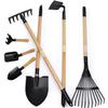 CHEERBANK 7PCS Kids Gardening Tools, Long Shovel, Rake for Leaves, Spade, Hoe, Steel Heads & Real Wood Handle, Yard Tools for Children Toddlers Gifts view 1