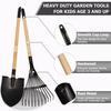CHEERBANK 7PCS Kids Gardening Tools, Long Shovel, Rake for Leaves, Spade, Hoe, Steel Heads & Real Wood Handle, Yard Tools for Children Toddlers Gifts view 2