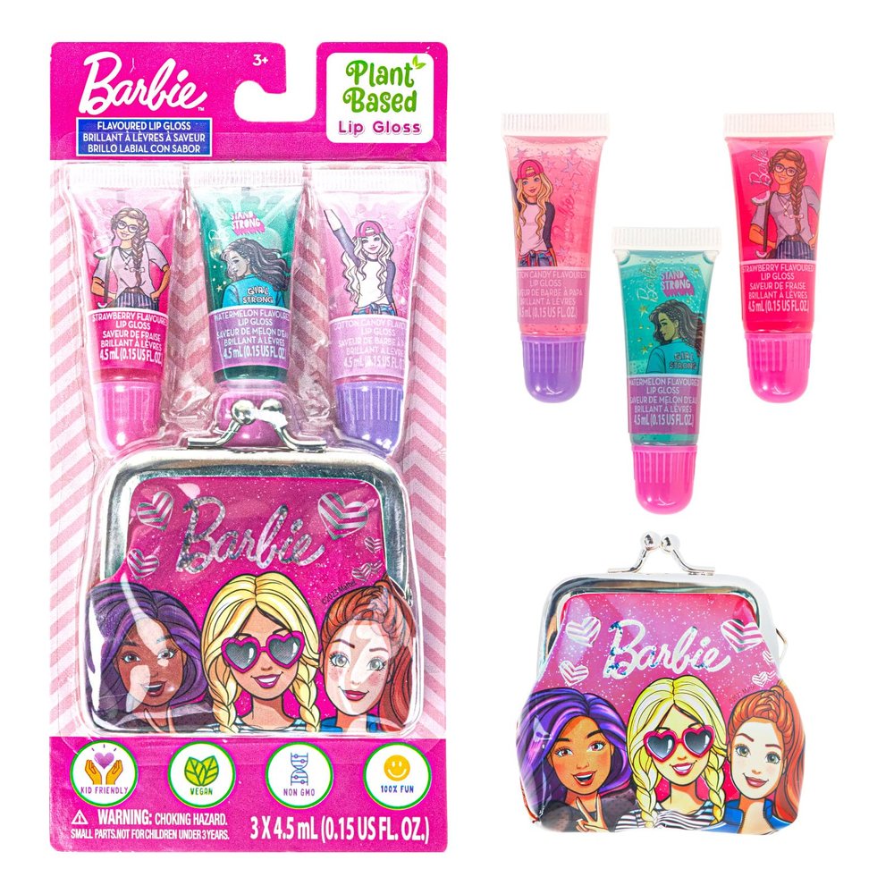 Barbie  Townley Girl Plant-Based 3Pcs Juicy Tube with Granny bag Makeup Cosmetic Set for Kids and Girls, Ages 3+, Perfect for Parties, Sleepovers & Makeovers, Multicolor