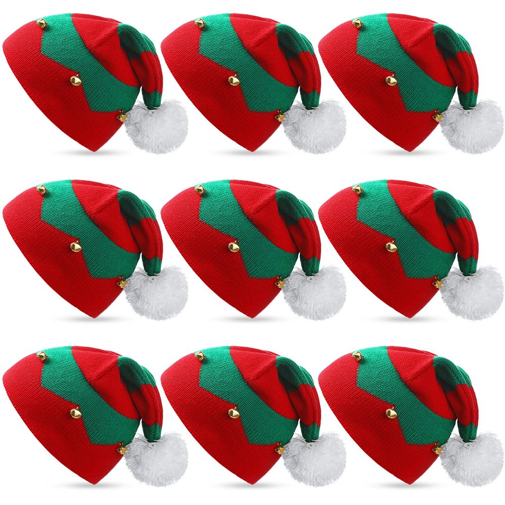 JaGely 9 Pcs Christmas Elf Hat Xmas Elf Beanie Adult Santa Hats for Christmas Holiday Winter for Women Men