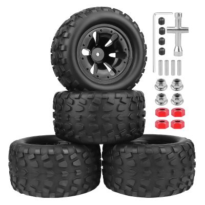 AllinRC 1/10 Scale RC Truck Tires and Wheels Pre-Glued with Aluminum 12mm Wheel Hex Nuts Compatible with 1/10 Arrma Granite Big Rock Vorteks Monster Truck (4 Pack)