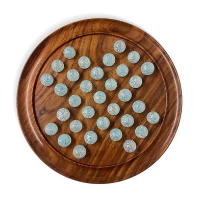 30cm Diameter Wooden Solitaire Board Game with Snowflake White and Aqua Glass Marbles | |Classic Wooden Solitaire Game | Strategy Board Game | Family Board Game | Games for one | Board Games