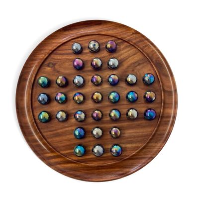 30cm Diameter Wooden Solitaire Board Game with LUSTERED Blue Glass Marbles | Classic Wooden Solitaire Game | Strategy Board Game | Family Board Game | Games for one | Board Games