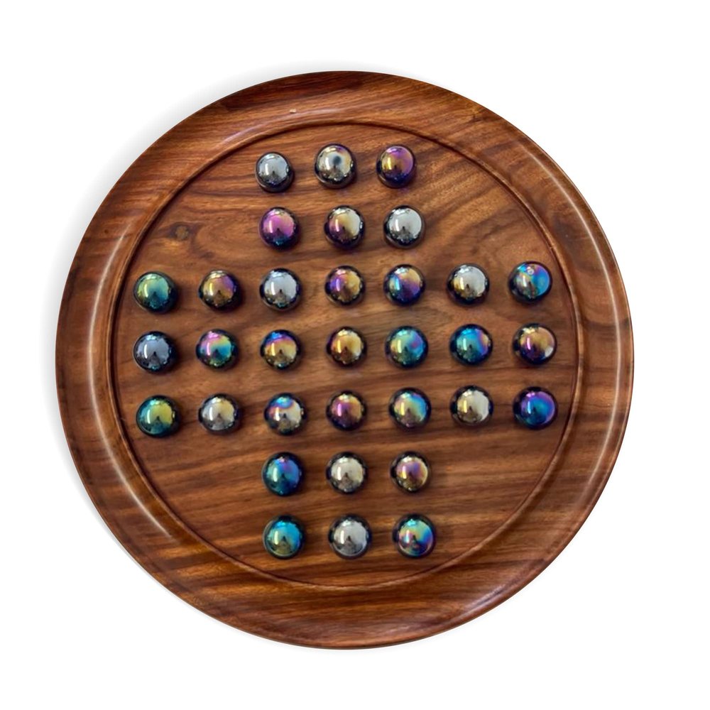 30cm Diameter Wooden Solitaire Board Game with LUSTERED Blue Glass Marbles | Classic Wooden Solitaire Game | Strategy Board Game | Family Board Game | Games for one | Board Games