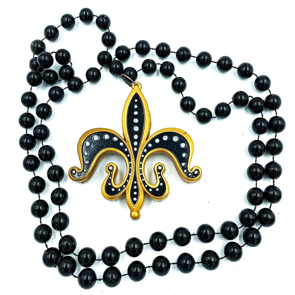 Fleur de Lis Mardi Gras Bead Necklace Black & Gold Bourbon Street Beads New Orleans Bayou Louisiana Cajun Creole Party