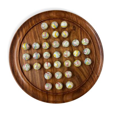 30cm Diameter Wooden Solitaire Board Game with Glass Pan American White Marbles with Multi Coloured Swirls | Classic Wooden Solitaire Game | Strategy Board Game | Family Board Game | Games for one