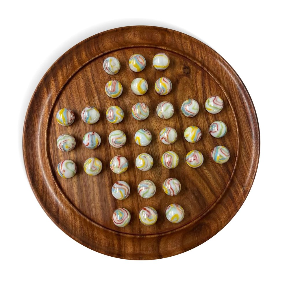30cm Diameter Wooden Solitaire Board Game with Glass Pan American White Marbles with Multi Coloured Swirls | Classic Wooden Solitaire Game | Strategy Board Game | Family Board Game | Games for one