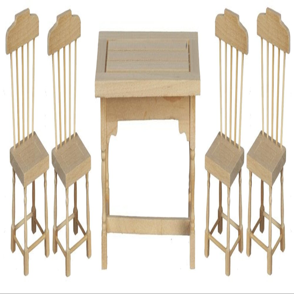 Melody Jane Dolls Houses Dollhouse Unfinished Square Table & 4 Chairs Miniature Dining Room Furniture