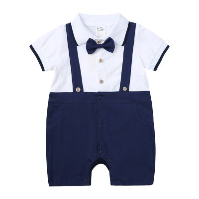 Infant Newborn Baby Boys Gentleman Suit Bowtie Romper Colour Block Short Baby Boy Summer Clothes (White, 9-12 Months)