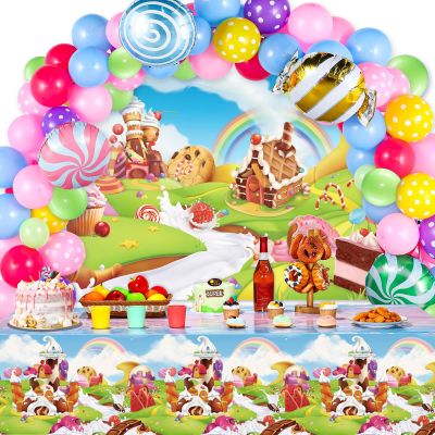Capoda 87 Pcs Candy Themed Party Decorations Birthday Party Decorations Candy Tablecloth and Lollipop Backdrop with Balloon Garland Kit for Girl Boy Castle Lollipop Supplies