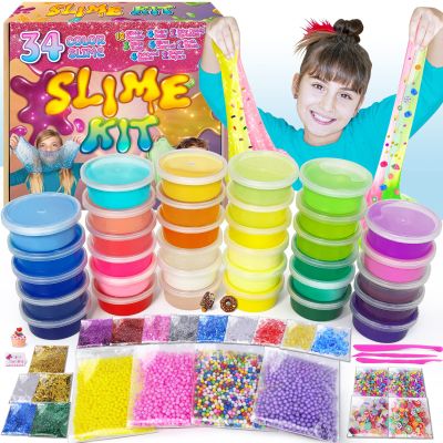 ESSENSON 34 Cup Slime Kit for Girls & Boys, DIY Butter & Crystal Slime Making Kit, Party Favors Gift for 6-10+ Year Olds