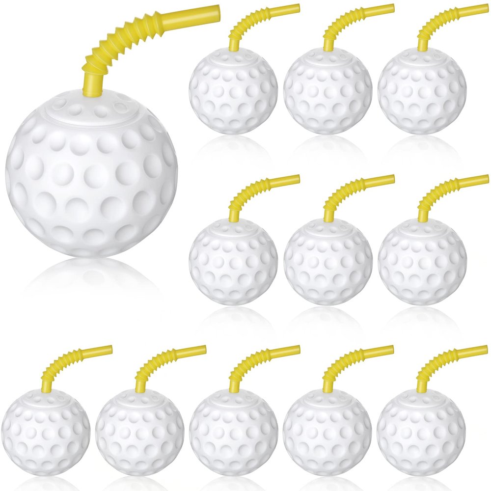 Golf Ball Cups with Lid and Straw - 14 oz Plastic Party Favors, Shaped Decorations for Drinking, Themed Parties (12)