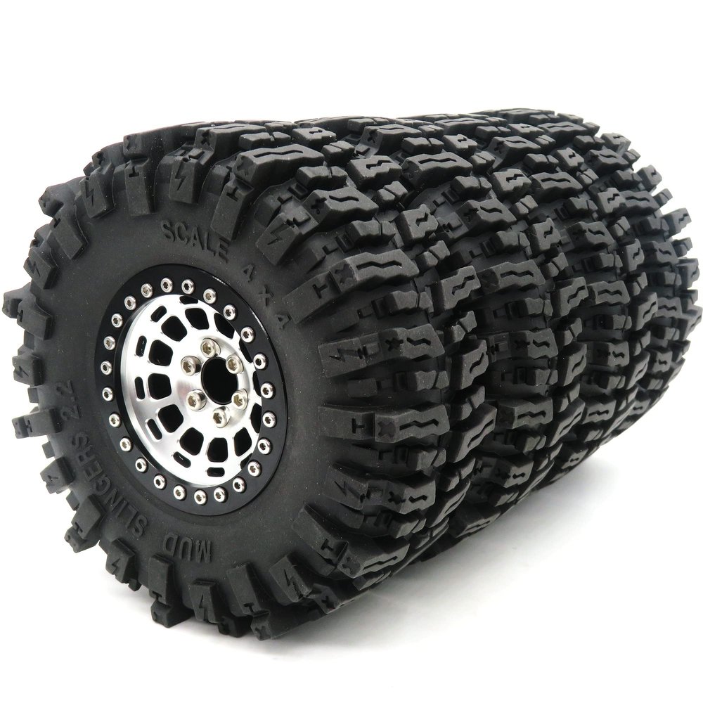 HOBBYSOUL 2.2 Beadlock Wheels and Tires Height 4.88'', 2.2 Mud Slingers Tires & 2.2 Wheels Silver Black for Gen8 Everest gen 7 Pro/Axial Capra Wraith / TRX4, (4-Pack, Assembled)