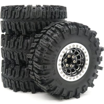 HOBBYSOUL 2.2 Mud Slingers Tires 4.88'' / 124mm & 2.2 Beadlock Wheels Black Silver, 2.2 Tires and Wheels 12mm Hex Rims for Axial Capra Wraith / TRX4 / Gen8, (4-Pack, Assembled)